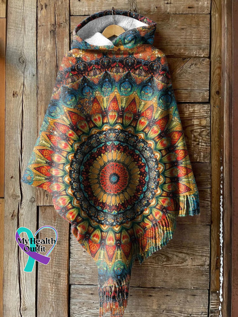 Retro Ethnic Totem Pattern Love And Peace Print Casual Knitted Blanket Poncho Hood Cape Multicolor