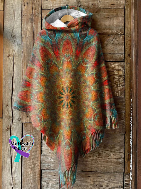 Retro Ethnic Totem Pattern Love And Peace Print Casual Knitted Blanket Poncho Hood Cape Multicolor