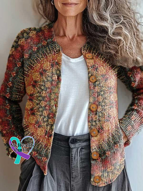 Retro Ethnic Totem Pattern Print Buttoned Cardigan Sweater Multicolor / S