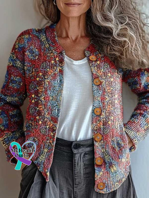 Retro Ethnic Totem Pattern Print Buttoned Cardigan Sweater Multicolor / S