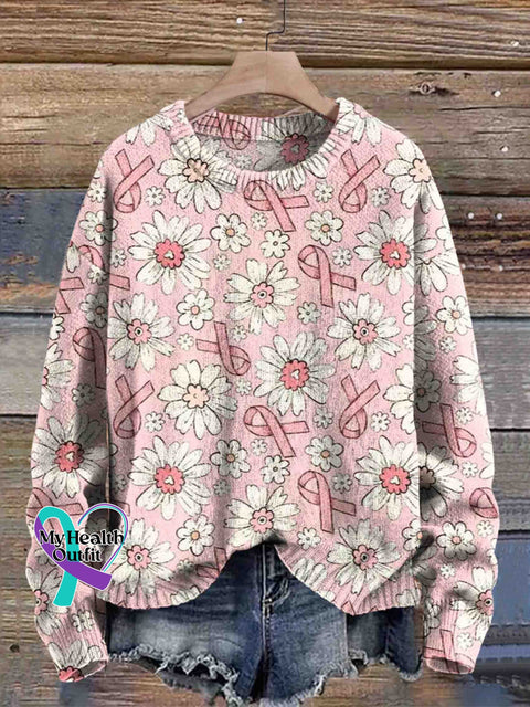 Retro Flora Art Breast Cancer Awareness Print Knit Pullover Sweater Multicolor / S