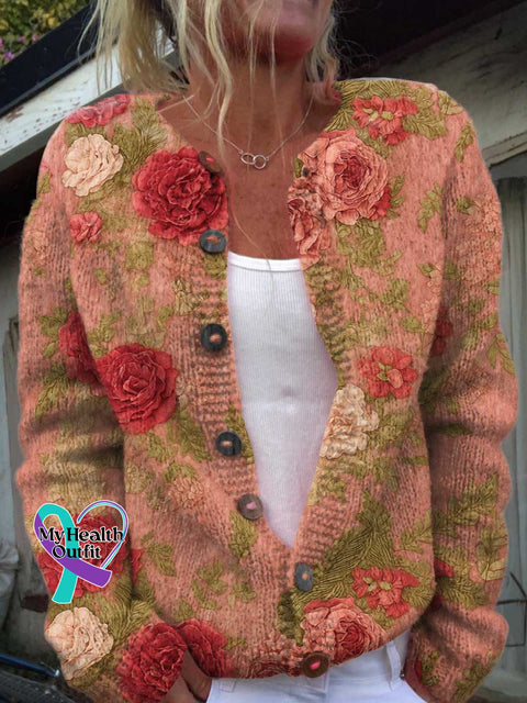 Retro Floral Breast Cancer Awareness Print Buttoned Cardigan Sweater Multicolor / S