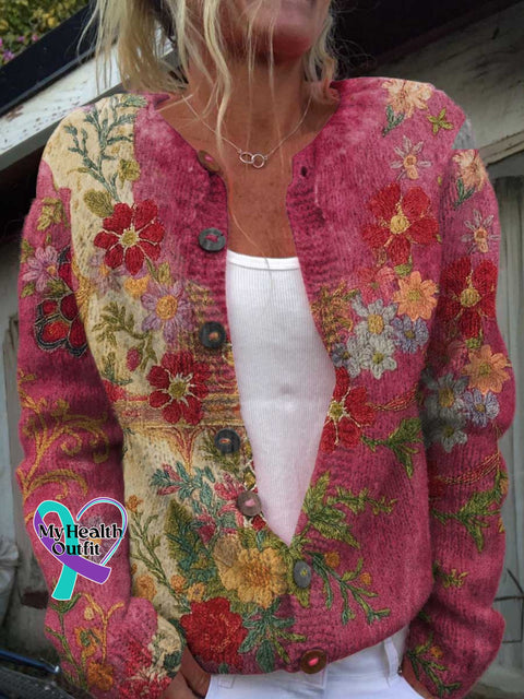 Retro Floral Breast Cancer Awareness Print Buttoned Cardigan Sweater Multicolor / S