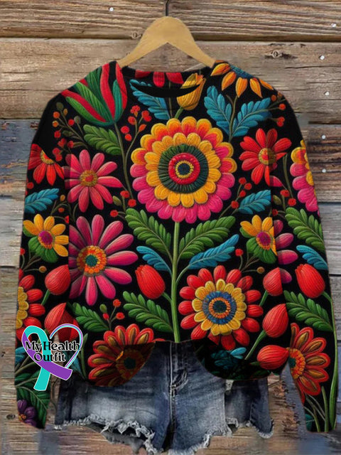 Retro Floral Casual Crew Neck Women’s Sweatshirt Black / S