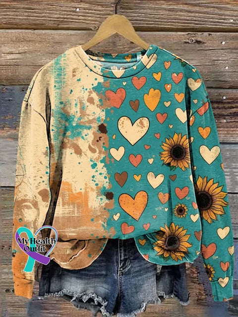 Retro Floral Heart Print Casual Sweatshirt Multicolor / S