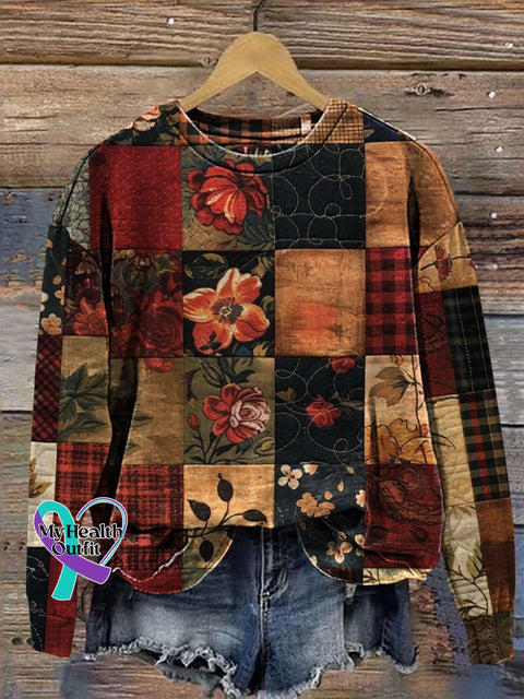 Retro Floral Patchwork Art Prrint Casual Sweatshirt Multicolor / S