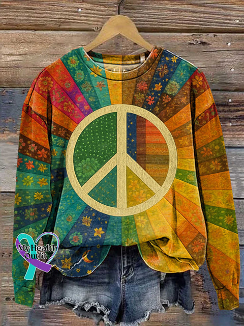 Retro Floral Peace Sign Love and Peace Sweashirt Multicolor / S