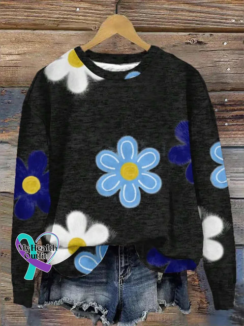 Retro Floral Print Casual Sweatshirt Black / S
