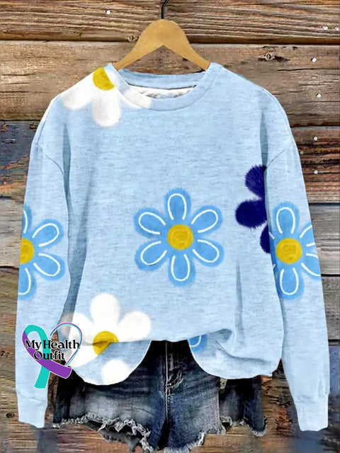 Retro Floral Print Casual Sweatshirt Blue / S