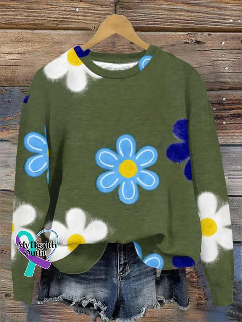 Retro Floral Print Casual Sweatshirt Green / S