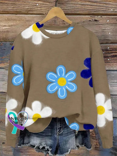 Retro Floral Print Casual Sweatshirt Khaki / S