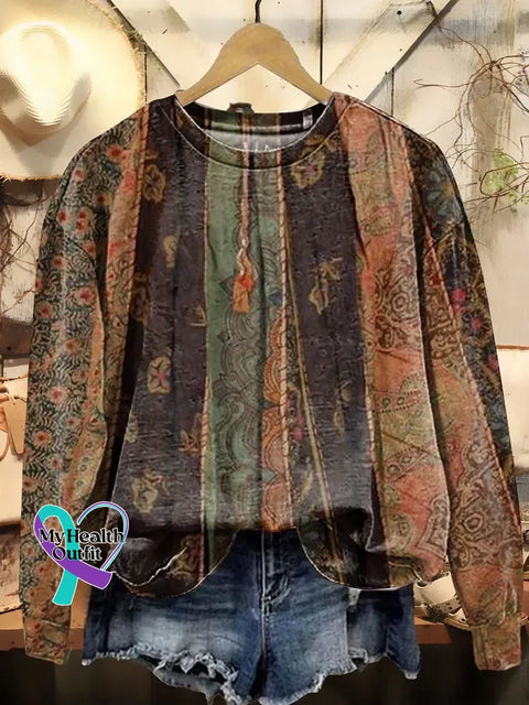 Retro Floral Print Casual Sweatshirt Multicolor / S