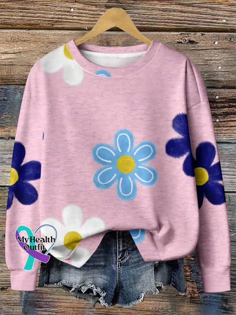 Retro Floral Print Casual Sweatshirt Pink / S