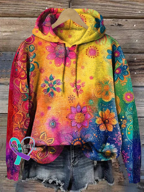 Retro Floral Rainbow Pattern Love And Peace Art Casual Hoodie Sweatshirt Multicolor / S