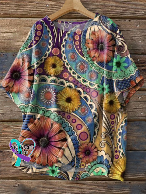 Retro Flower Print Casual Round Neck Cotton Linen Shirt Multicolor / S