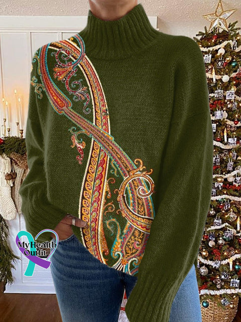 Retro Flowers Print Knit Turtleneck Pullover Sweater Multicolor / S