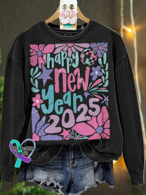 Retro Happy New Year 2025 Pastel Floral Casual Sweatshirt Black / S