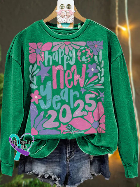 Retro Happy New Year 2025 Pastel Floral Casual Sweatshirt Green / S
