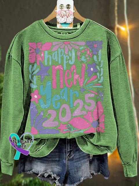 Retro Happy New Year 2025 Pastel Floral Casual Sweatshirt Lightgreen / S