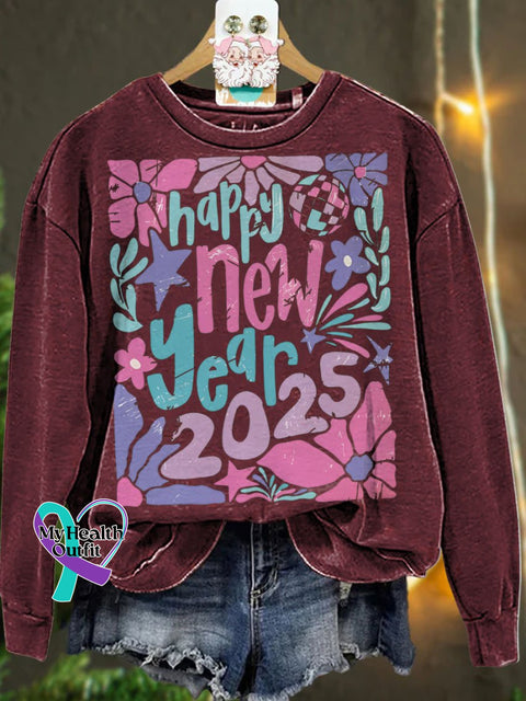 Retro Happy New Year 2025 Pastel Floral Casual Sweatshirt Maroon / S