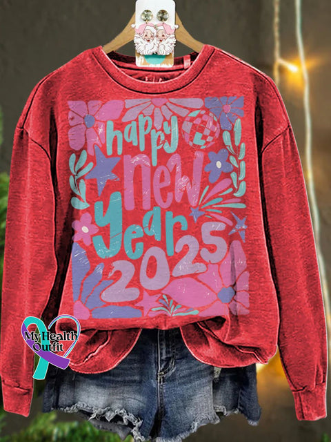 Retro Happy New Year 2025 Pastel Floral Casual Sweatshirt Red / S