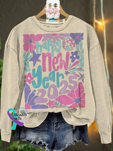 Retro Happy New Year 2025 Pastel Floral Casual Sweatshirt Sand / S