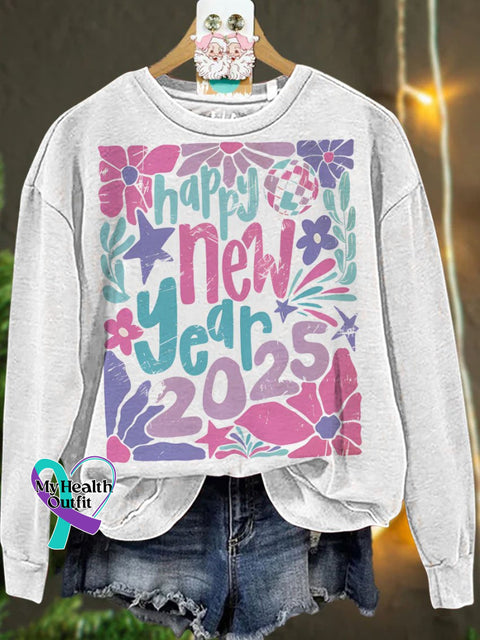 Retro Happy New Year 2025 Pastel Floral Casual Sweatshirt White / S
