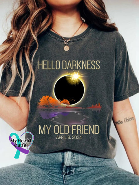 Retro Hello Darkness My Old Friend Solar Eclipse Of April 8 2024 Print T-Shirt Dark Grey / S