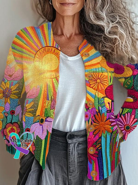 Retro Hippie Art Print Buttoned Cardigan Sweater Multicolor / S
