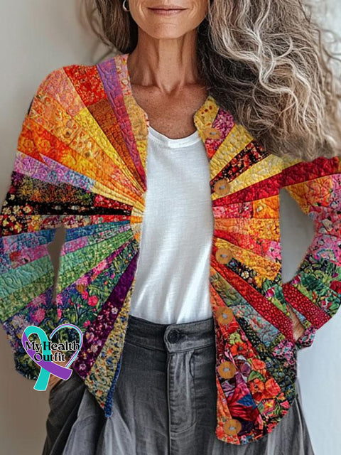 Retro Hippie Art Print Buttoned Cardigan Sweater Multicolor / S