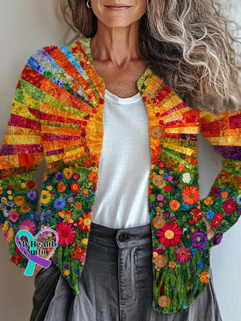 Retro Hippie Art Print Buttoned Cardigan Sweater Multicolor / S