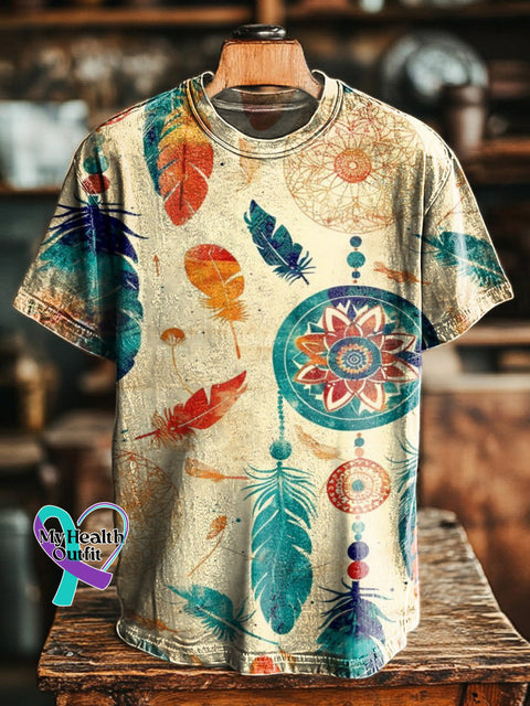 Retro Hippie Dreamcatcher Print Casual Crew Neck Short Sleeve T-Shirt Multicolor / S