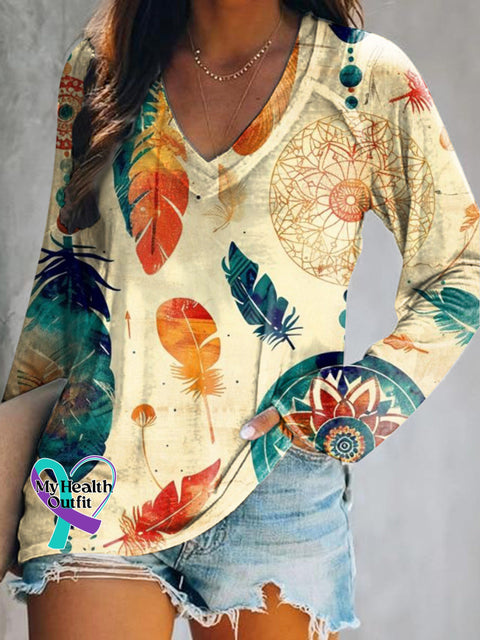Retro Hippie Dreamcatcher Print Casual V-Neck Long Sleeve T-Shirt Multicolor / S