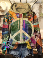 Retro Peace Collage Print Casual Hoodie Sweatshirt Multicolor / S