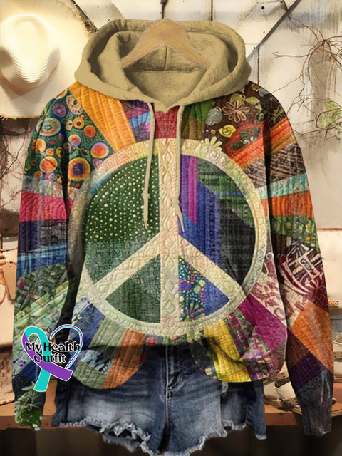 Retro Peace Collage Print Casual Hoodie Sweatshirt Multicolor / S