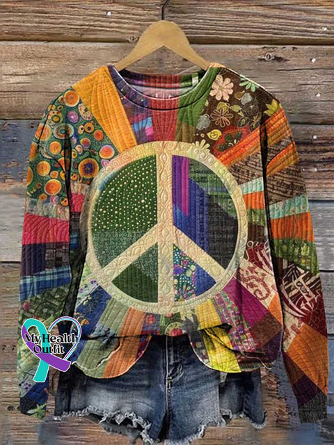 Retro Hippie Peace Sign Love And Collage Print Casual Sweatshirt Multicolor / S