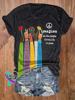 Retro Hippie Imagine All The People Living Life In Peace Print Shirt Black / S