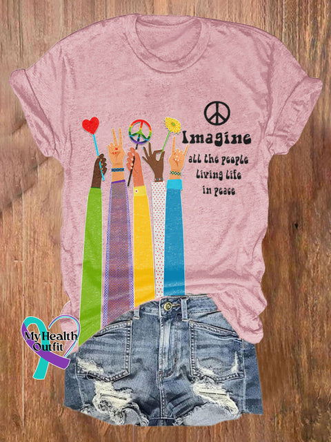 Retro Hippie Imagine All The People Living Life In Peace Print Shirt Pink / S