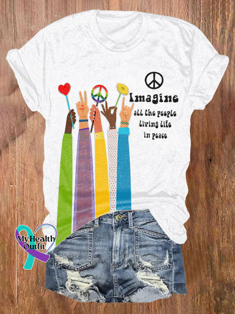Retro Hippie Imagine All The People Living Life In Peace Print Shirt White / S