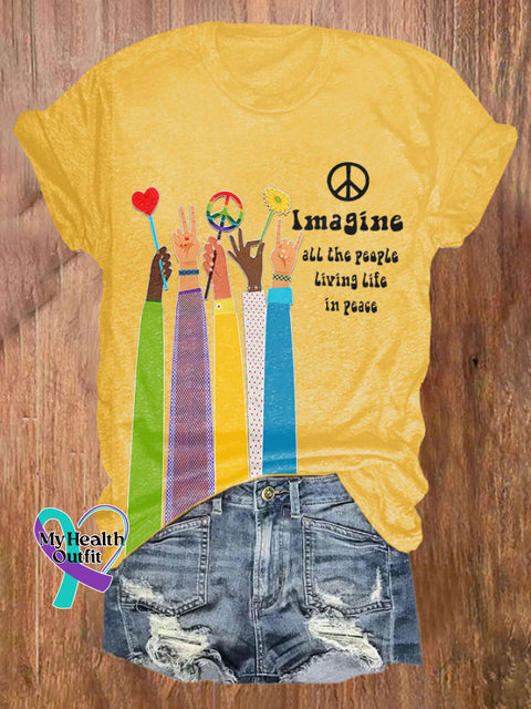 Retro Hippie Imagine All The People Living Life In Peace Print Shirt Yellow / S