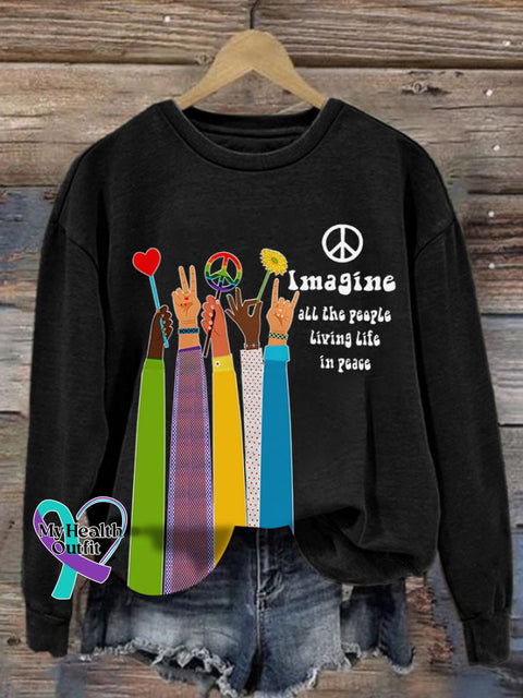 Retro Hippie Imagine All The People Living Life In Peace Print Sweatshirt Black / S