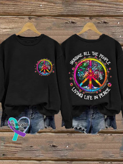 Retro Hippie Imagine All The People Living Life In Peace Print Sweatshirt Black / S