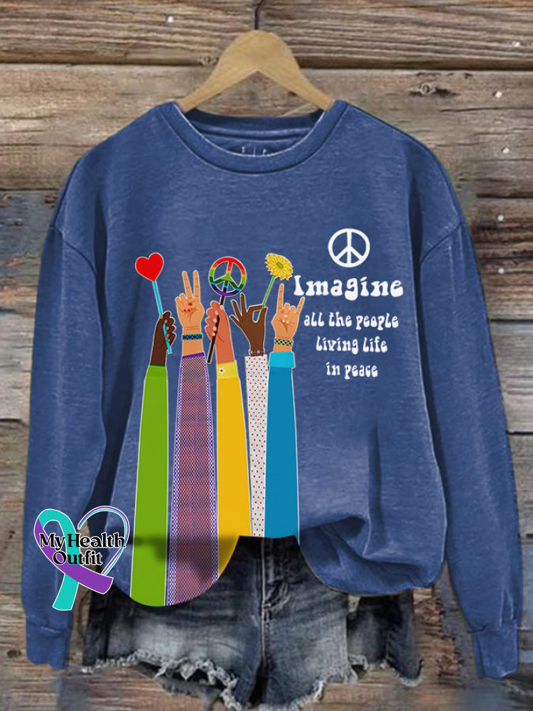 Retro Hippie Imagine All The People Living Life In Peace Print Sweatshirt Blue / S