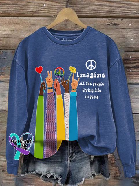 Retro Hippie Imagine All The People Living Life In Peace Print Sweatshirt Blue / S