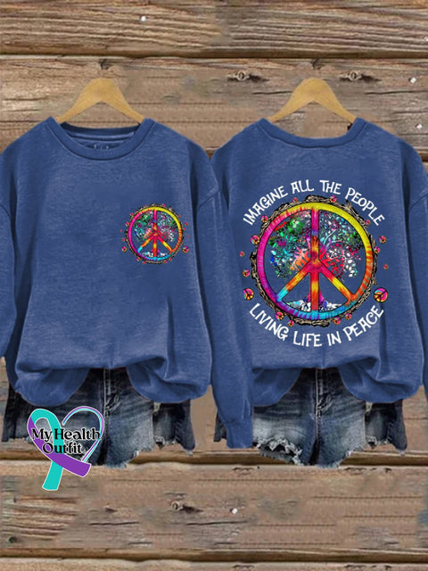 Retro Hippie Imagine All The People Living Life In Peace Print Sweatshirt Blue / S
