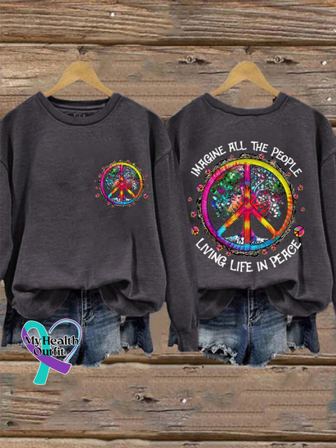 Retro Hippie Imagine All The People Living Life In Peace Print Sweatshirt Dark Grey / S