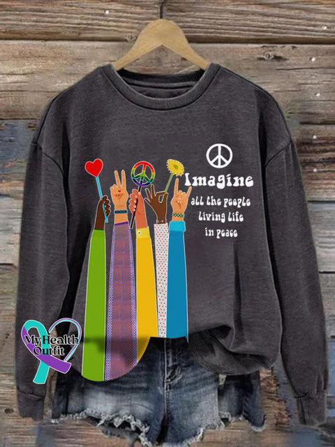 Retro Hippie Imagine All The People Living Life In Peace Print Sweatshirt Dark Grey / S