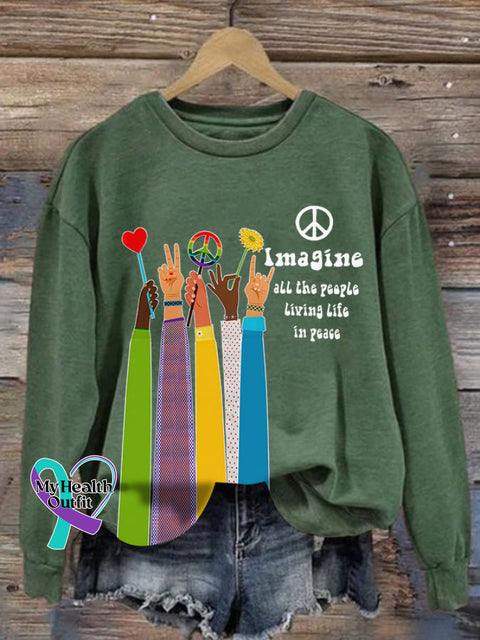 Retro Hippie Imagine All The People Living Life In Peace Print Sweatshirt Green / S