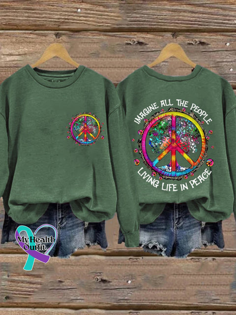 Retro Hippie Imagine All The People Living Life In Peace Print Sweatshirt Green / S
