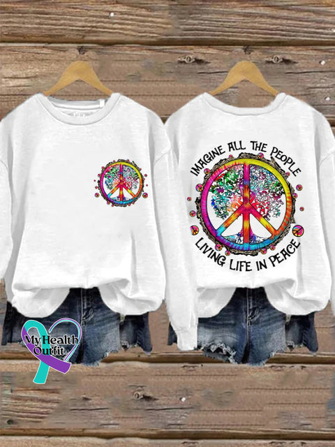 Retro Hippie Imagine All The People Living Life In Peace Print Sweatshirt White / S